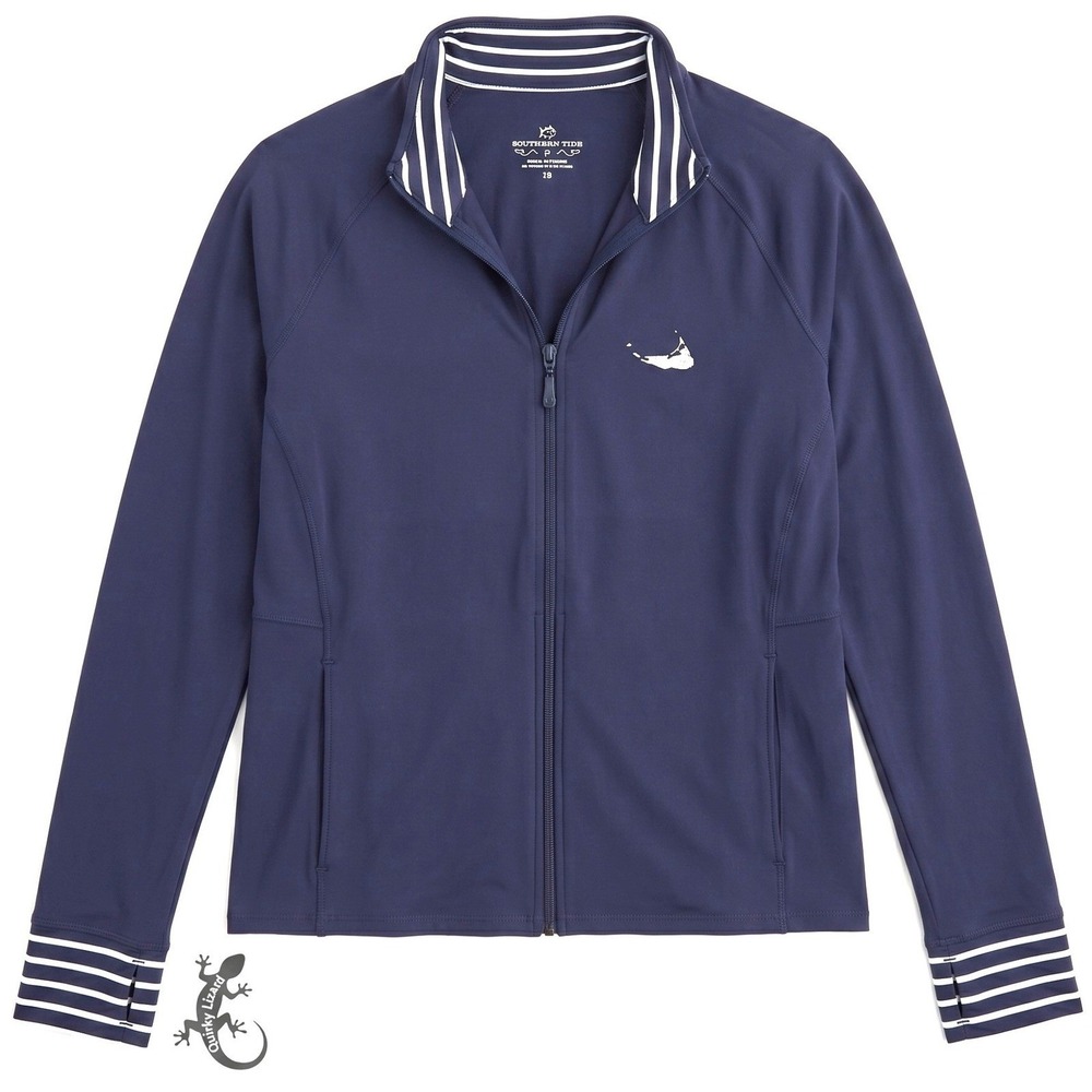 Southern Tide Full Zip Jacket L Navy Blue Pleated Peplum Stripe Trim Performance